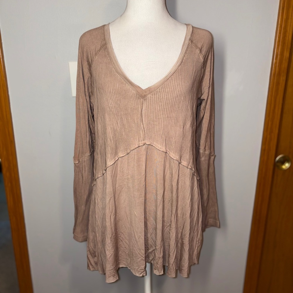 POL boho Long Sleeve V Neck Tunic Top Ribbed Knit Casual Blouse pink beige